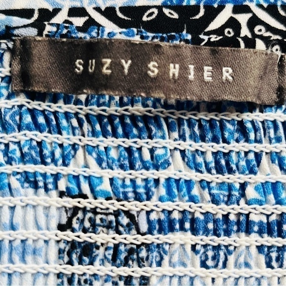 Suzy Shier Blue Geometric Zellige Print Boho Sleeveless Top with Shirring Size M - Picture 8 of 12